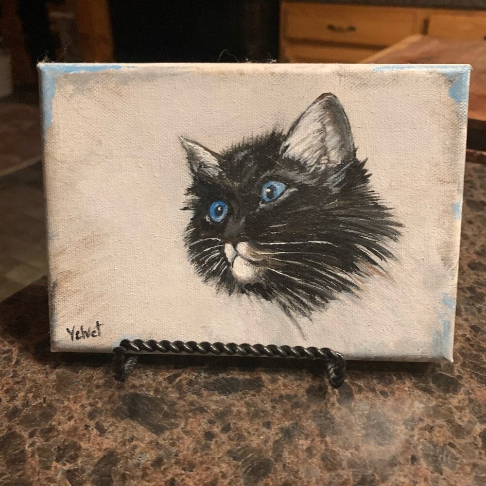 5x7 cat painting by artist acrylic on canvas with easel